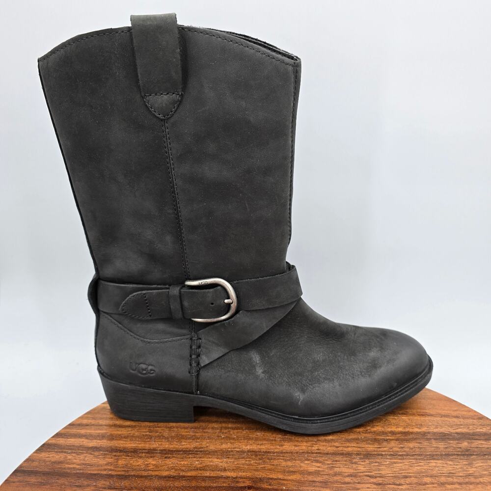 Ugg Reeza Boots Womens 10 M Black Distressed Leather Buckle Strap Biker Side Zip